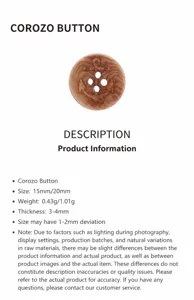 Detailed view of corozo nut button with anchor engraving and product specifications.