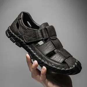 Men's high-quality leather closed-toe sandals with breathable hollow-out design for summer