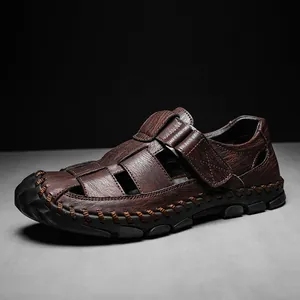 Premium men's brown leather closed-toe sandals with hollow design for summer beach