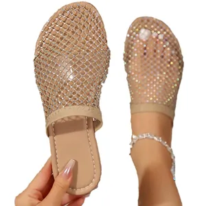 Beige platte sandalen met strassteentjes voor dames, elegante zomerse strandmuiltjes