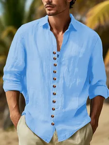 Stijlvol heren casual lichtblauw katoenen linnen shirt met lange mouwen en knopen