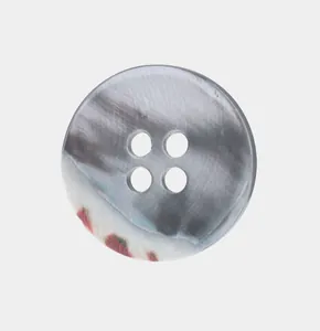 Macro close-up view of a high-quality natural iridescent grey shell button with four holes