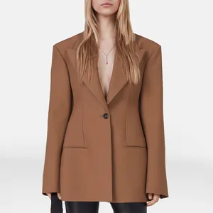Professional brown tailored blazer for women featuring a single shell button closure