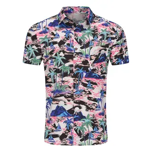 Vista detallada del vibrante estampado tropical de palmeras y veleros en la camisa