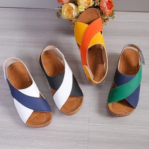Damen Plateau Sandalen Farbblock Römische Sandalen Klettverschluss Kreuzriemen Sommer Strand Schuhe Lässige Keilsandaletten