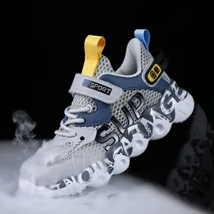 Lightweight breathable mesh kids sports shoes for boys featuring stylish grey and blue design