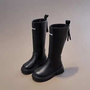 Bottes hautes noires pour filles style britannique avec fermeture éclair et imprimé.