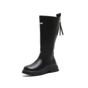 Bottes hautes noires pour filles avec imprimé lettres et fermeture éclair arrière pratique