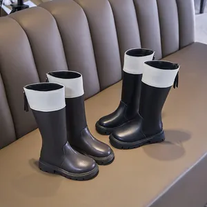 Children's British style leather boots with white contrast top and back zipper tassel