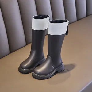 Girls' British style knee-high Martin boots featuring back zipper in stylish brown and white