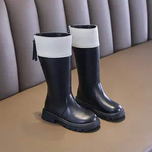 Fashionable girls' black and white British style knight boots with rear zipper