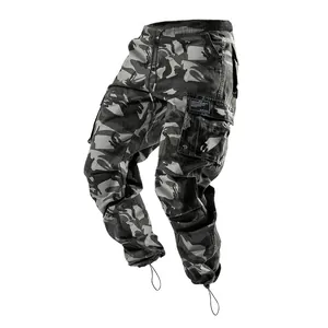 Pantalon cargo camouflage gris pour homme avec poches multiples et cordon de serrage