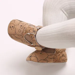Close-up detail of soft-sole cartoon bear patterned baby princess pre-walker shoes