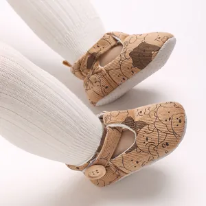 Close-up of soft-sole baby walker shoes featuring a cute cartoon bear print and button detail