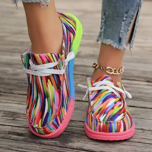 Damen Ethno Bunte Segeltuchschuhe Farbverlauf Sohle Low Top Schnürung Flache Casual Wanderschuhe Ethno Mokassins