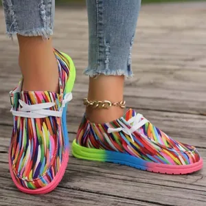 Bunte Ethno-Stil Canvas-Loafer für Damen mit Schnürung und einer modischen Verlaufssohle
