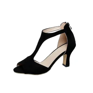 Elegant black suede peep-toe sandals with T-strap design and back zipper closure