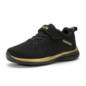 Boys black and gold fly-knit mesh running shoes for ages 7-12 lightweight sneakers mesh