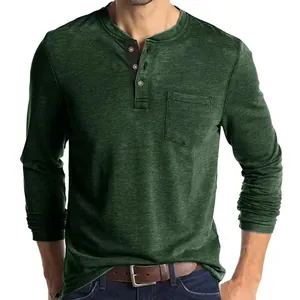 Men's Casual Slim Fit Long Sleeve Henley T-Shirt Cotton Blend Breathable Top With Breast Pocket Solid Color Lightweight
