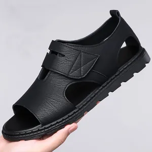 Sandales Romaines d'Été pour Hommes Respirant Cuir Microfibre Ajouré Semelle en Caoutchouc Antidérapante Chaussures de Plage