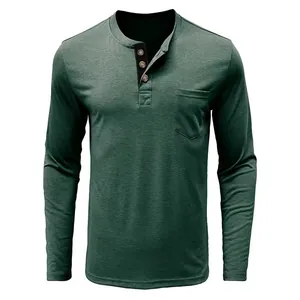 Slim fit men's long-sleeve Henley shirt in olive green featuring a functional chest pocket