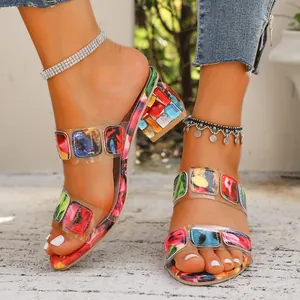 Women Mid-Heel Slides PVC Transparent Strap Multicolor Gemstone Decorative Block Heel Bohemian Summer Vacation Beach Sandals