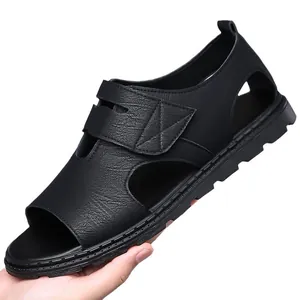 Sandales pour hommes en cuir noir respirant avec semelle antidérapante pour plage