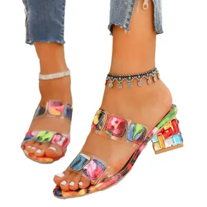 Stylish women's block heel slippers with colorful square gems for 2024 summer fashion.