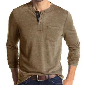 Vintage brown men's long sleeve Henley shirt with chest pocket and button placket