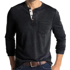 Slim fit men's long-sleeve Henley shirt in charcoal grey with chest pocket detail.