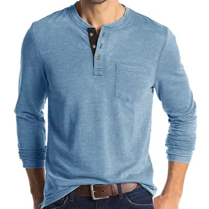 Stylish men's slim fit long sleeve Henley shirt featuring a chest pocket in light blue color