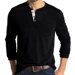 Men's slim fit long sleeve black Henley shirt with chest pocket detail