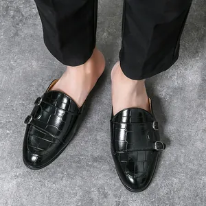 Mules pour hommes en similicuir noir à motif crocodile et double boucle élégante