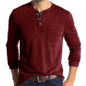 Men's slim fit long sleeve Henley shirt with chest pocket in rich burgundy red finish