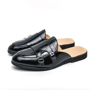 Mocassins noirs pour hommes, effet crocodile, sans talon, à double boucle