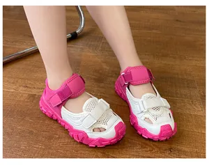 Children's pink and white breathable mesh sports sandals with adjustable Velcro straps