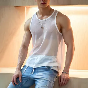 Herren Sexy Transparent Netz Unterhemd Slim Fit Ärmellos Sport Weste Sommer Leicht Atmungsaktiv Polyester Rundhals Top