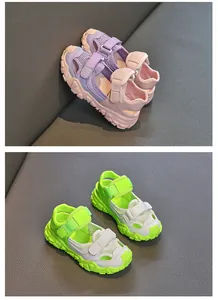Breathable mesh sport sandals for kids in purple pink and vibrant neon green white