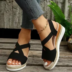 Sandales Compensées à Plateforme pour Femmes Bout Ouvert Sangles Croisées Élastiques Espadrilles Chaussures d'Été