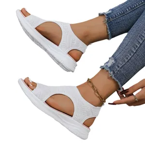 Women's white mesh wedge sandals with thick platform and open-toe fish mouth design