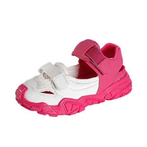 Breathable rose pink and white mesh children's sports sandals with dual Velcro straps