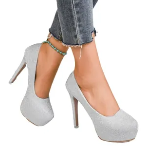 Silver glitter platform high heels with 16cm stiletto heels shown in a stylish side view.