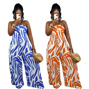 Women Fashion Abstract Zebra Print Strapless Sleeveless Wide Leg Jumpsuit Back Tie Casual Summer One Piece Vacation Outfit