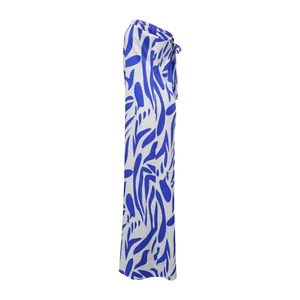 Side profile view of a sleeveless wide-leg jumpsuit with blue abstract pattern.