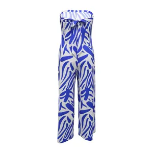 Detailed front view of a stylish blue abstract print strapless wide-leg jumpsuit