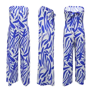 Fashionable blue and white printed strapless wide-leg jumpsuit with back tie detail