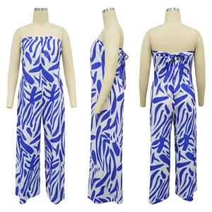 Three-angle view of a blue and white printed strapless wide-leg jumpsuit on mannequin