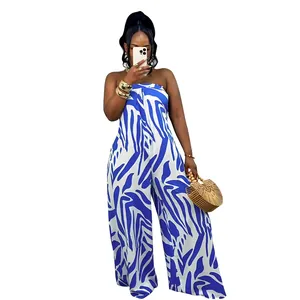 Fashionable blue and white zebra print strapless wide leg jumpsuit worn by model