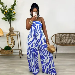 Fashionable blue and white abstract print sleeveless wide-leg jumpsuit for summer