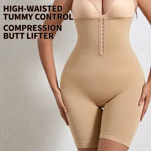 High waist tummy control shapewear shorts with double-row hooks for women in beige color
